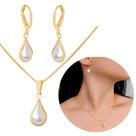 Conjunto Brinco Argola Colar Gota Pérola Semijoia Dourada