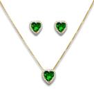 Conjunto Brinco e Colar Coração Verde Esmeralda e Zircônia Banhado Ouro 18k Conjunto Brinco e Colar Coração Verde Esmeralda e Zircônia Banhado Ouro 18k