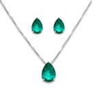 Conjunto Brinco e Colar Gota Verde Turmalina Banhado a Prata