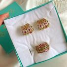 Conjunto Brinco Ear Cuff e Anel fileiras com mini zircônias rosas e coloridas banhado a ouro 18k