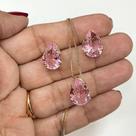 Conjunto Brincos + Colar Pedra Gota Rosa Folheado A Ouro