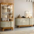 Conjunto Buffet Mônaco e Cristaleira Moss Porta Curva Pés Palito MDF com LED Cumaru e Opala