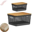 Conjunto c/2 Cestos Organizadores com Tampa De Bambu 2,5L e 8L Grid Conjunto c/2 Cestos Organizadores com Tampa De Bambu 2,5L e 8L Grid