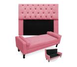 Conjunto Cabeceira Mirage Com Recamier Baú Fenix Queen 160 cm Suede Rosa Barbie - LM DECOR