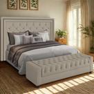 Conjunto Cabeceira Padano Puff Baú Bellmont 1,40m Em Linho Bege Com Articulador Larbelle Móveis Conjunto Cabeceira Padano Puff Baú Bellmont 1,40m Em Linho Bege Com Articulador Larbelle Móveis