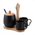Conjunto Café 2 Xícaras e Açucareiro 3 Cerâmica Preta Com Suporte Bandeja Bambu Oásis - HAÜSKRAFT