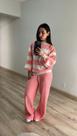 Conjunto Calça/Blusa Listras Tricot Mousse Inverno Cor:Rosa/OffTamanho:36-42