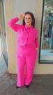 Conjunto calça e camisa plus size no linho cor rosa tam 50/52