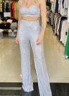 Conjunto calça e croped de brilho prata
