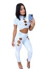 Conjunto Calça em Gotas e Cropped Decotado em Gotas com Bojo Leve