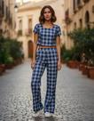 Conjunto Calça Flare Cropped Alfaiataria Xadrez