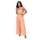 Conjunto Calça Pantalona Cintura Alta e Cropped em Duna