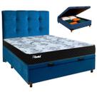 Conjunto Cama Box Bau Azul Casal + Colchão Molas Ensacadas Life Gold Paropas + Cabeceira