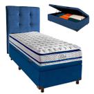 Conjunto Cama Box Bau Azul Solteiro + Colchão Molas Ensacadas Blue Paropas + Cabeceira