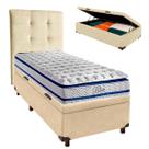 Conjunto Cama Box Bau Blindado Solteiro + Colchão Molas Ensacadas Blue Paropas + Cabeceira