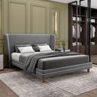 Conjunto Cama com Cabeceira Queen Torres Pés em Madeira Veludo Cinza G91 - Gran Belo