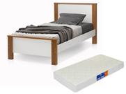 conjunto cama solteiro mila pes de madeira + colchão de solteiro, cor branco/amendoa