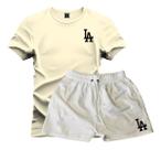 Conjunto Camiseta Algodão L.a 8 Cores + Short Linho Branco