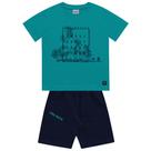 Conjunto Camiseta Verde agua Coqueiros E Bermuda Azul Marinho Fakini