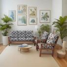 Conjunto Cancún Sofá 3 Lugares E Poltronas De Madeira Estofado Estampado Arabesco