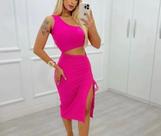 Conjunto Canelado Cor Rosa Saia Com Fenda Tamanho M