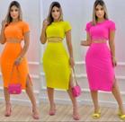 Conjunto Canelado saia midi e cropped com amarração Conjunto Canelado saia midi e cropped com amarração