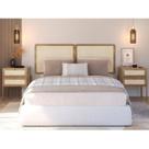 Conjunto Casal 160cm e Mesas de Cabeceira 2 Gavetas Pé Metal Palhinha Oslo Bege Hanover/Dourado Conjunto Casal 160cm e Mesas de Cabeceira 2 Gavetas Pé Metal Palhinha Oslo Bege Hanover/Dourado