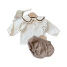 Conjunto Casual Coreano Para Bebês Meninas Recém-Nascidas: Camisa De Manga Longa Com Gola Franzida