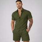 Conjunto Casual Linho Masculino Camisa Botão Bermuda Cordão