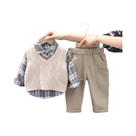 Conjunto Casual Para Meninos Bebês Primavera Outono 3 Peças Camisa De Algodão Xadrez Colete Calças