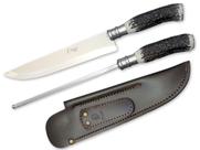 Conjunto Churrasco Faca Chaira Elmo Cabo Resina Tipo Cervo 9 Pol