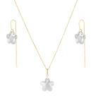 Conjunto Colar 45cm Flor Cristal Pingente Brincos Ouro 18k