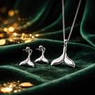 Conjunto Colar + Brinco Cauda Baleia Aço Inox Prata Presente