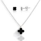 Conjunto Colar Brinco Feminino Trevo Preto Prata Legitima