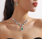 Conjunto Colar Brinco Gota Flor Verde Esmeralda Strass Zirconia Festa Madrinha Elegante