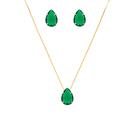 Conjunto Colar Brinco Gota Verde Esmeralda Folheado Ouro
