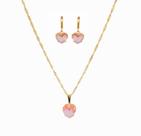 Conjunto Colar + Brinco Pedra Cristal Coração Rosa Bêbê Folheado Ouro 18k Antialérgico