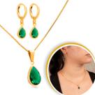 Conjunto Colar Com Brinco E Pingente Gota Verde Banhado A Ouro