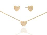 Conjunto Colar e Brinco Coração Liso Folheado a Ouro 18k