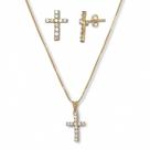 Conjunto Colar e Brinco Cruz Cravejada de Zirconias Banhada a Ouro Semijoia