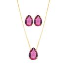 Conjunto Colar E Brinco Gota Pedra Pink Folheado Conjunto Colar E Brinco Gota Pedra Pink Folheado