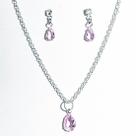 Conjunto Colar e Brinco Gota Zircônia Quartzo Rosa Prata 925