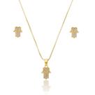 Conjunto Colar e Brinco Hamsá Amuleto Banho de Ouro 18k