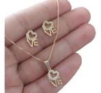 Conjunto Colar E Brinco Love Coração Pedra Folheado Amor