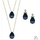 Conjunto Colar e Brinco Pedra Azul Formato Gota com Detalhes em Micro Zircônia