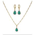 Conjunto Colar e Brinco Pedra Cristal Verde Oliva Folheado Ouro 18k Antialérgico