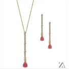 Conjunto Colar e Brinco Pedra Rosa Com Detalhes em Micro Zircônia