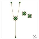 Conjunto Colar e Brinco pedra verde com detalhes em micro zircônia