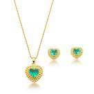 Conjunto Colar e Brincos Coração Verde Claro Banhado a Ouro 18k