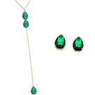 Conjunto Colar Longo E Brinco Gota Verde Folheado A Ouro 18k